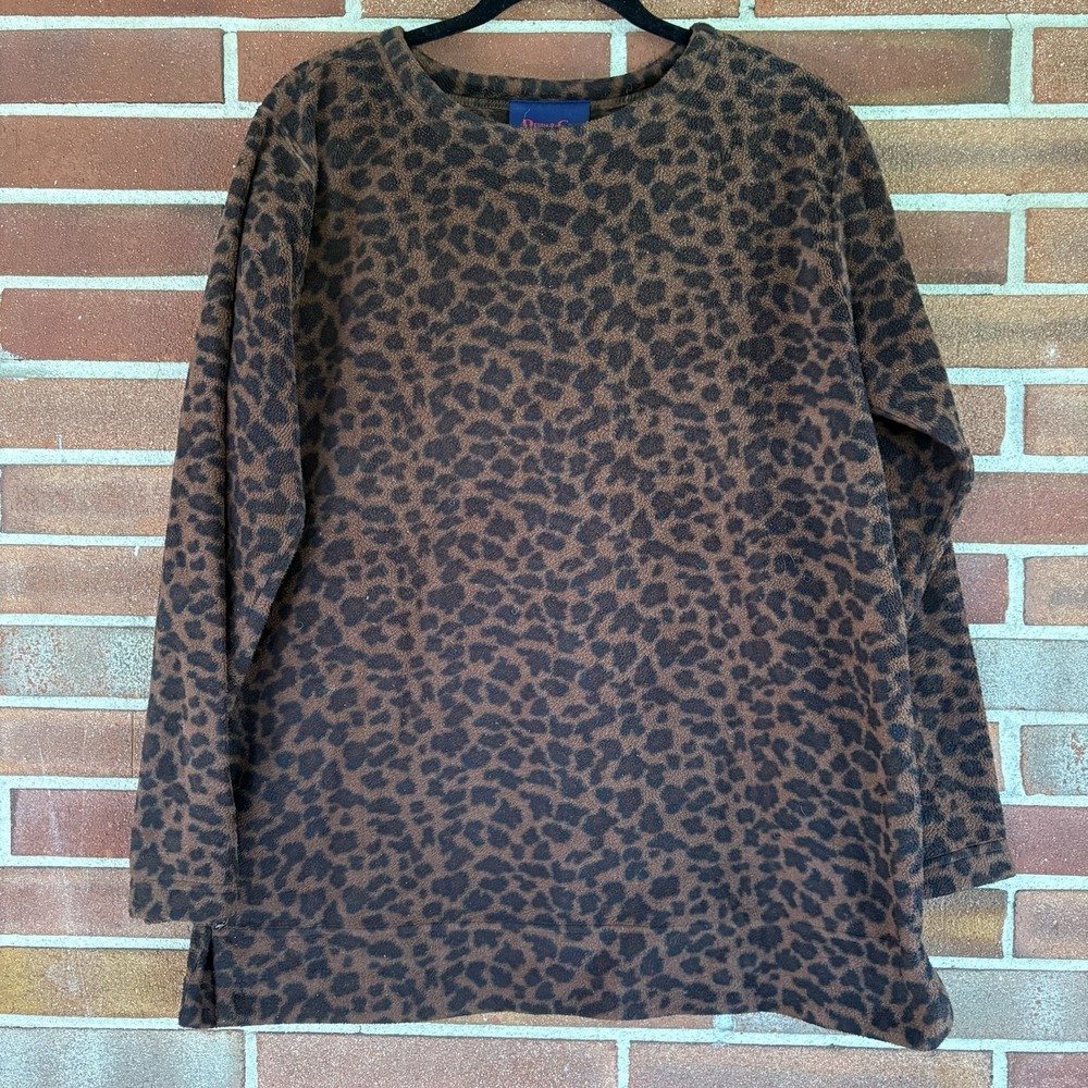 Denim & Co Leopard Print Thick Fleece Oversized Pullover Sz M A3916